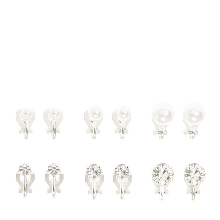 Claire's Lot de 6 paires de clous d'oreille à clip effet dégradé avec perles d'imitation et strass couleur argenté