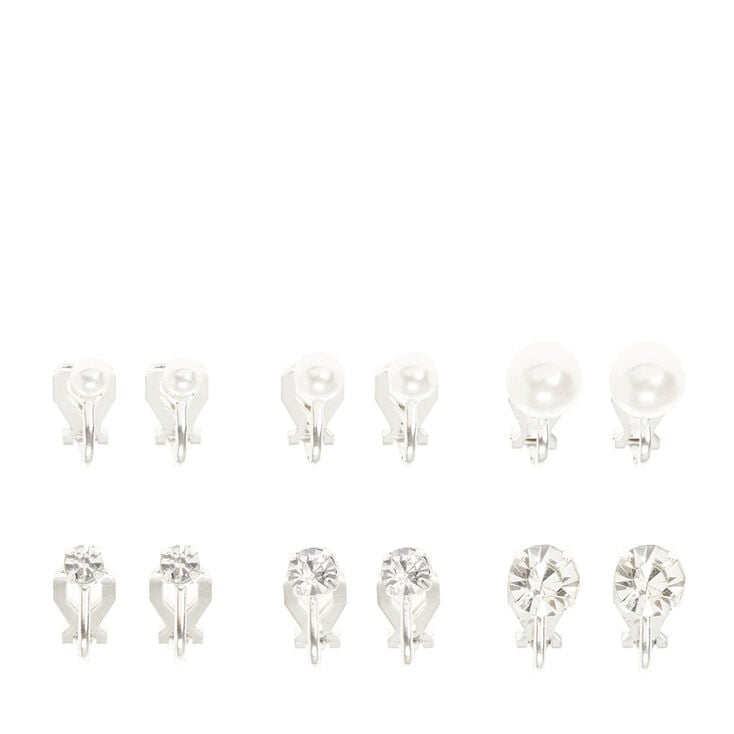 Claire's Lot de 6 paires de clous d'oreille à clip effet dégradé avec perles d'imitation et strass couleur argenté