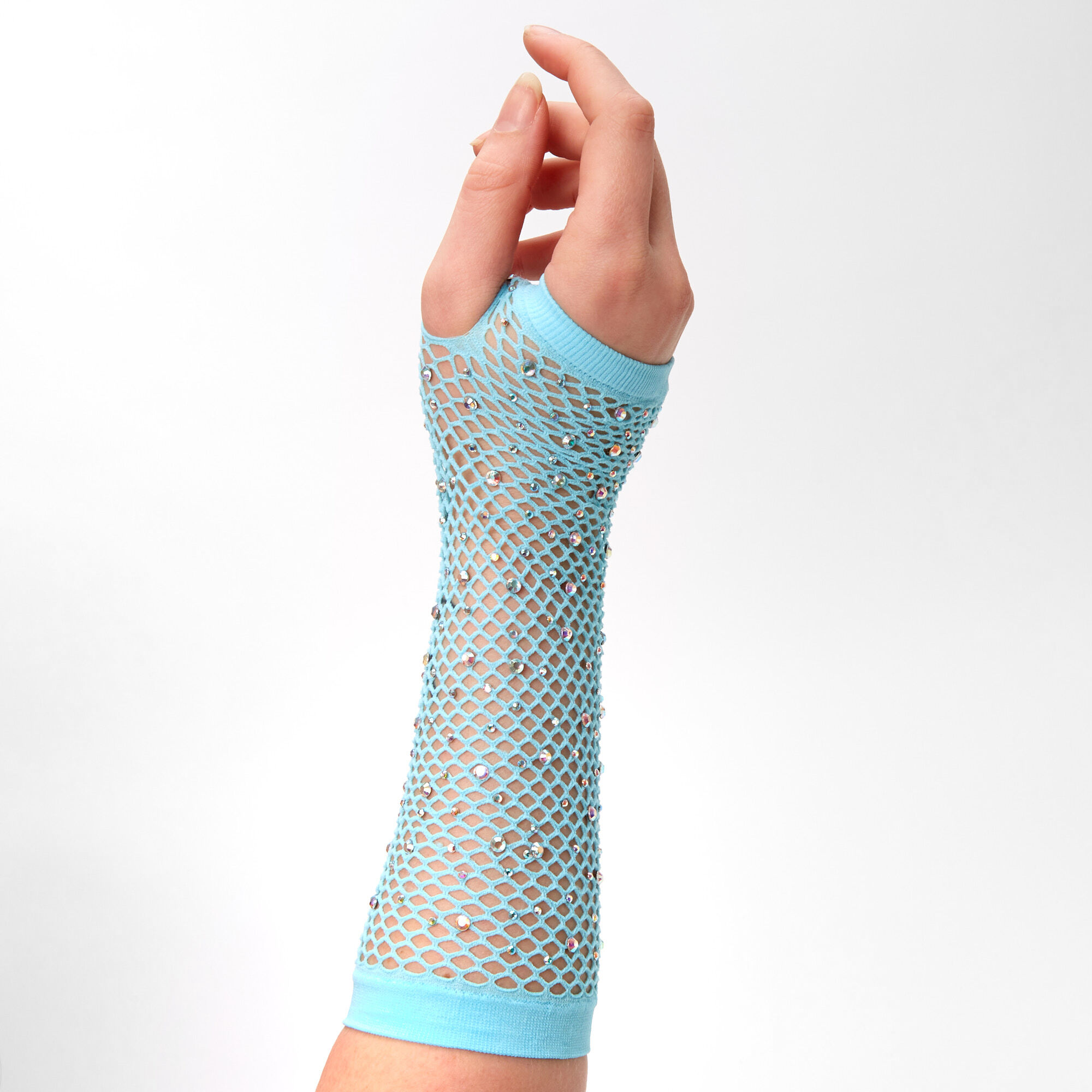 View Claires Rhinestone Fishnet Arm Warmers Blue information