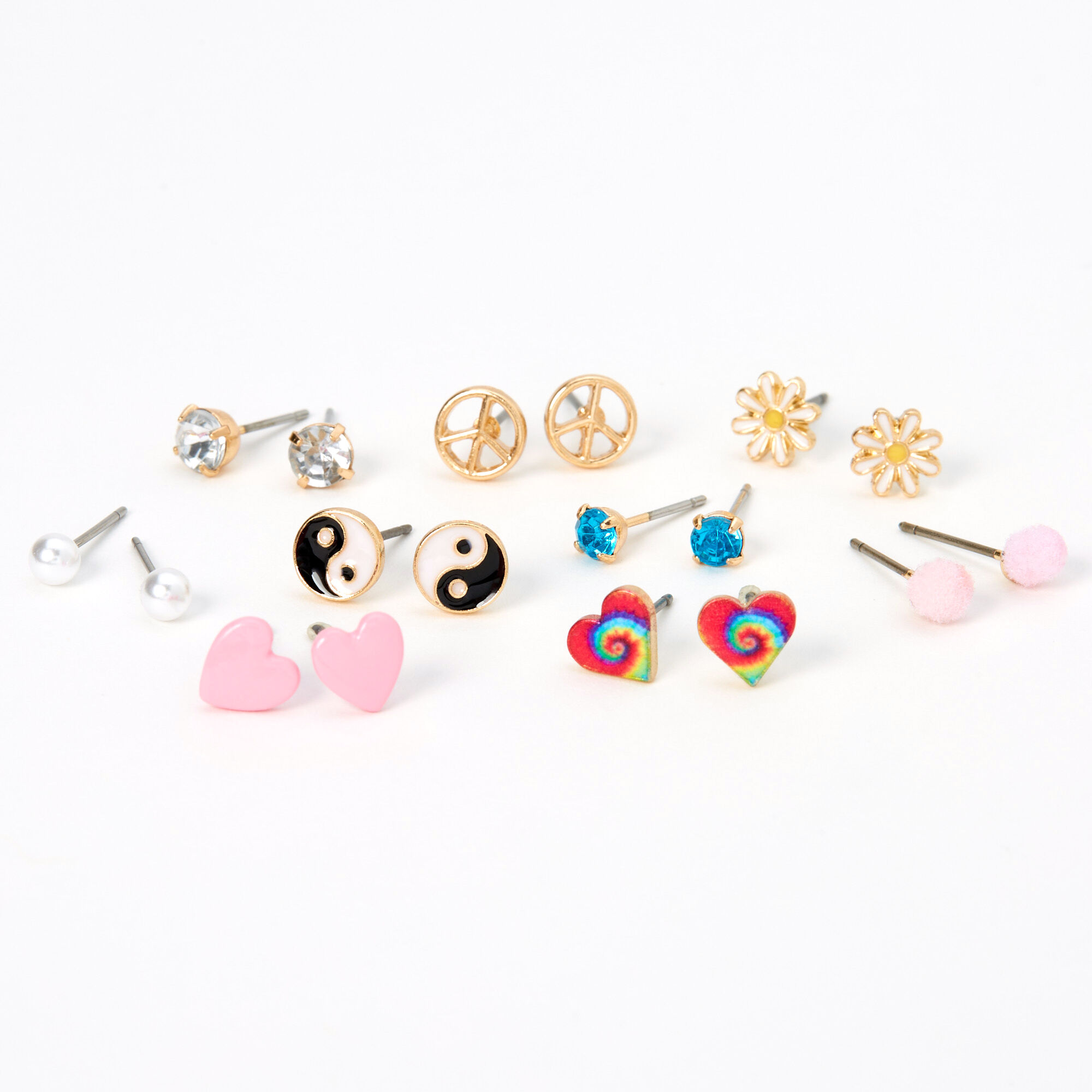 Claire's Clous d’oreilles tie-dye rétro couleur argentée - Lot de 9