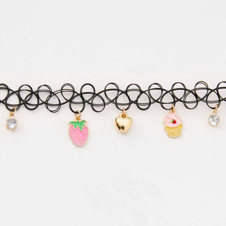 Strawberry Charm Tattoo Choker Necklace - Black,