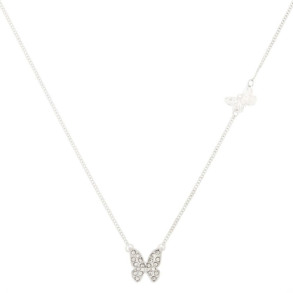 Rhodium Silver-tone Crystal Butterfly Pendant Necklace,