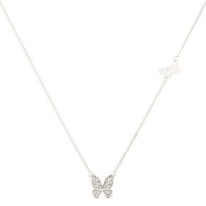 Rhodium Silver-tone Crystal Butterfly Pendant Necklace,