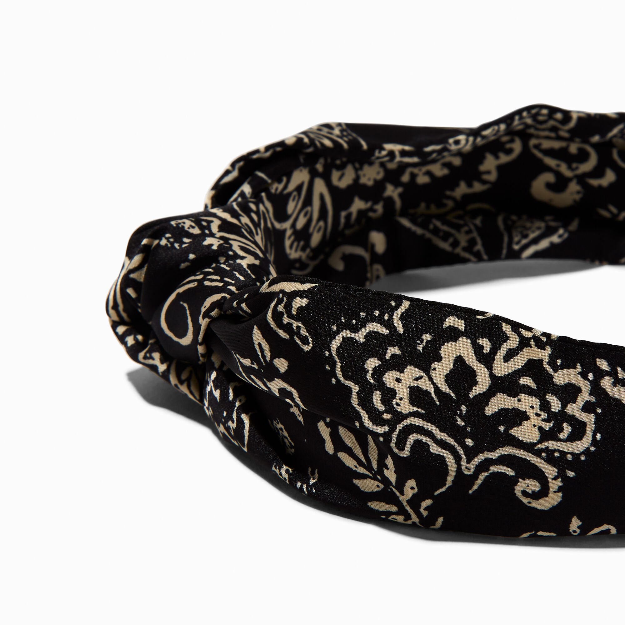 Serre-tête noué motif cachemire couleur ivoire et noir,