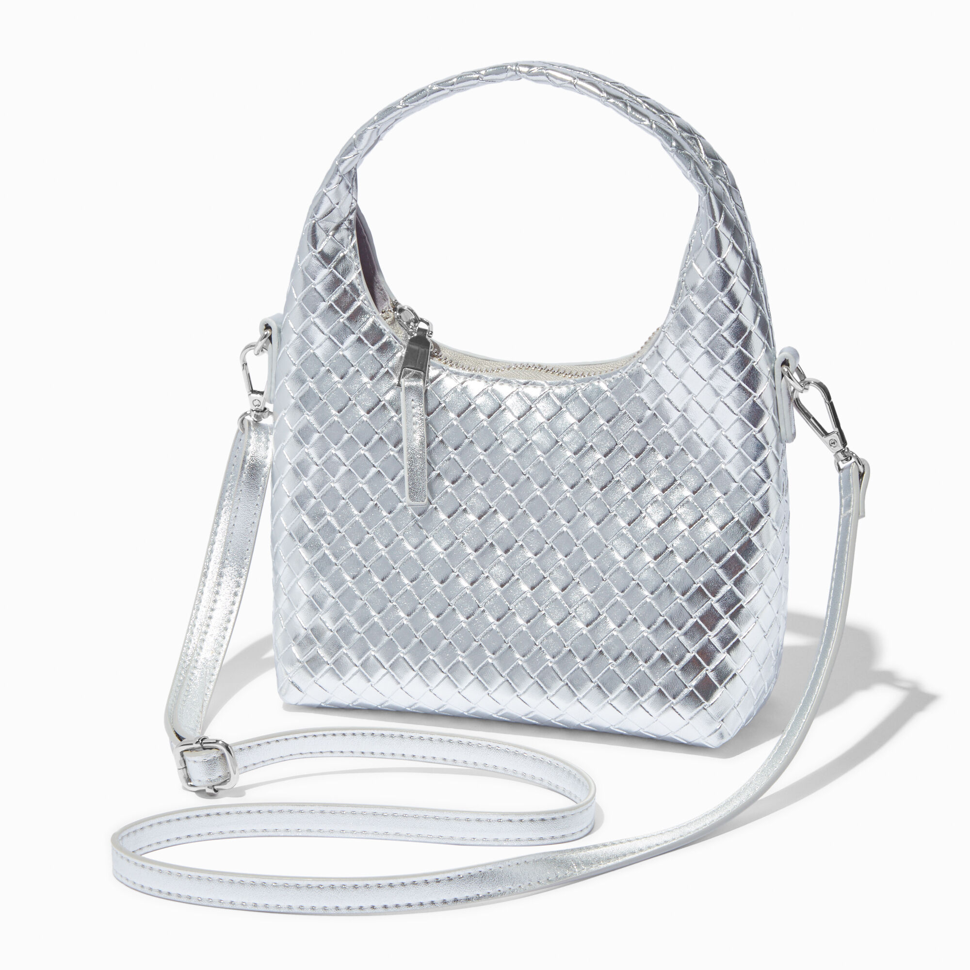 Silver Woven Crossbody Shoulder Bag,