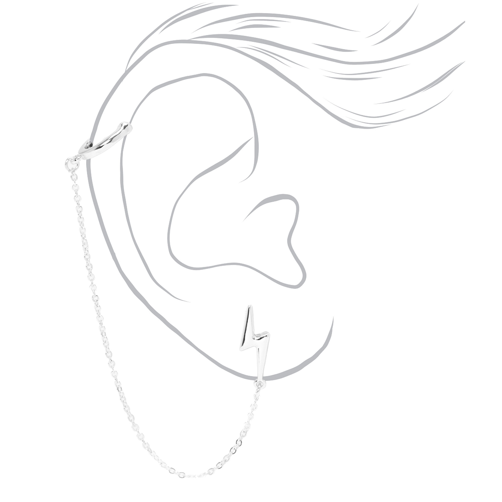 Silver Lightning Bolt Ear Connector Stud Earrings,