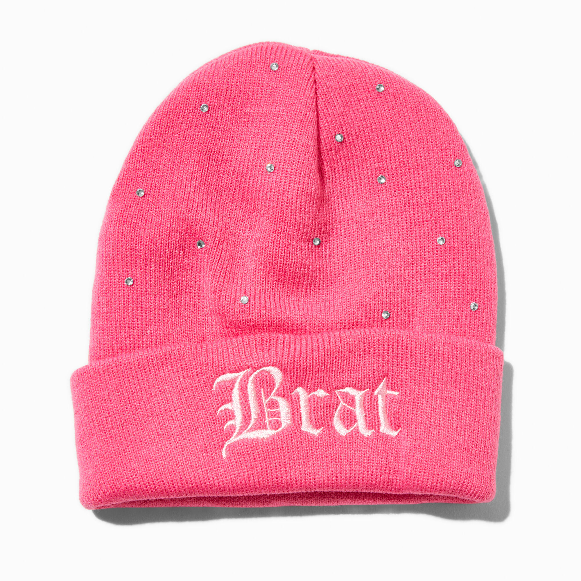 View Claires brat Rhinestone Studded Knit Beanie Hat Fuchsia information