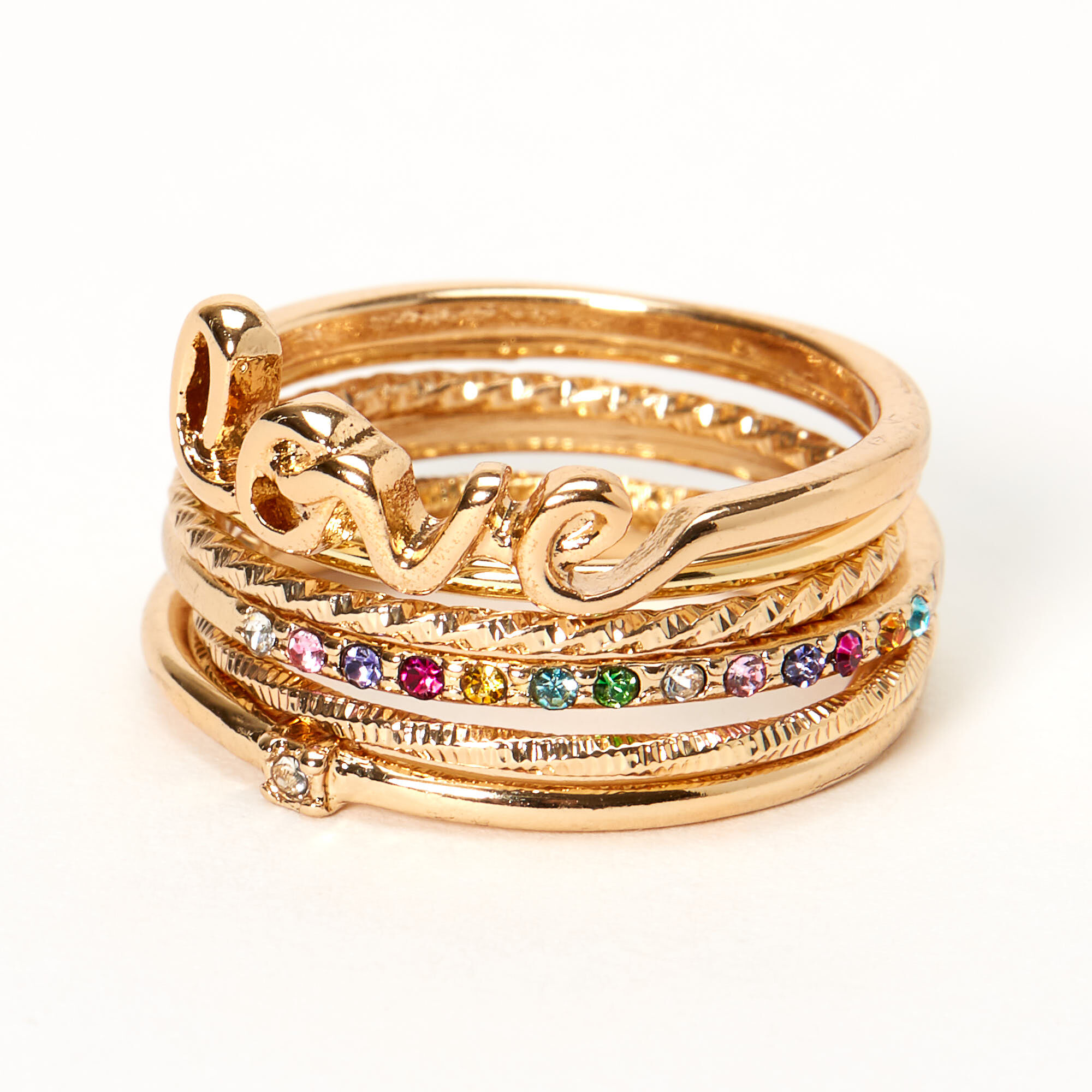 Gold Love Rainbow Stone Mixed Rings 6 Pack