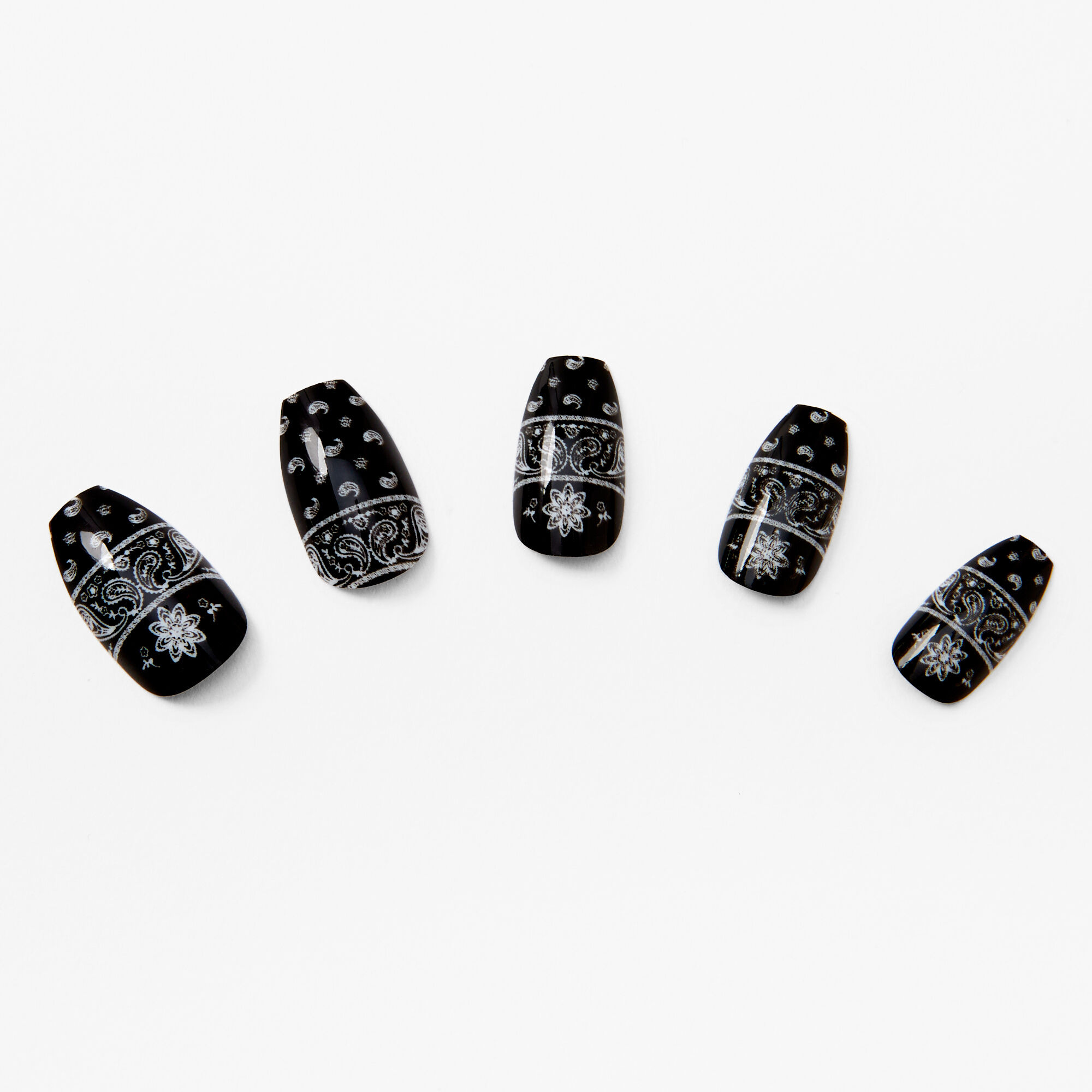 Black & White Bandana Coffin Faux Nail Set - 24 Pack,