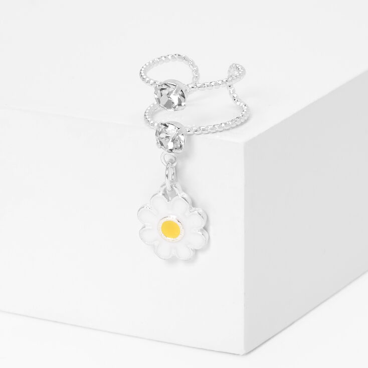 Silver Crystal Enamel Daisy Ear Cuff,