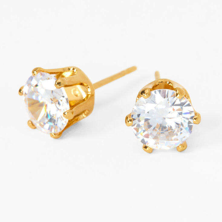 18k Gold Plated Cubic Zirconia Round Stud Earrings - 7MM,