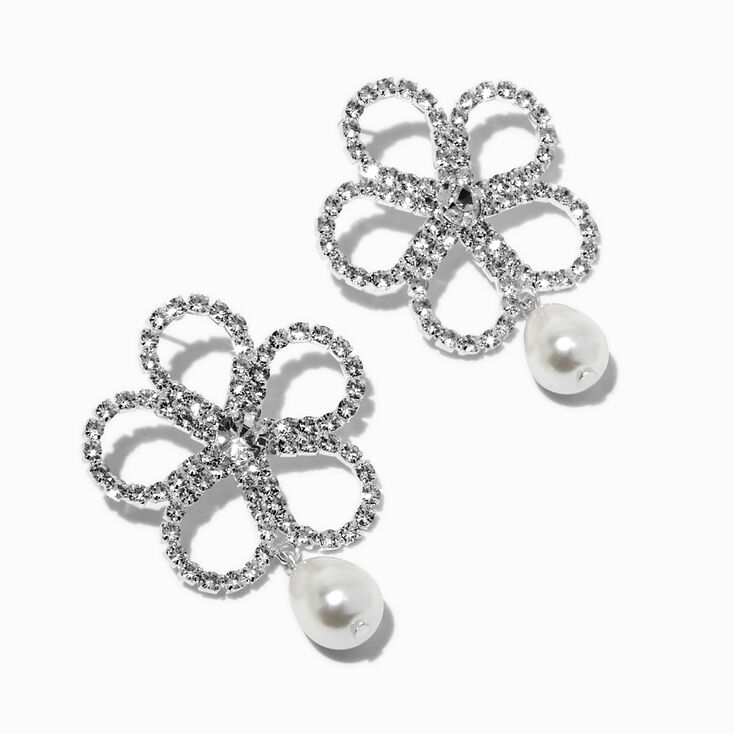 Pendantes fleurs strass et perle d&#39;imitation,