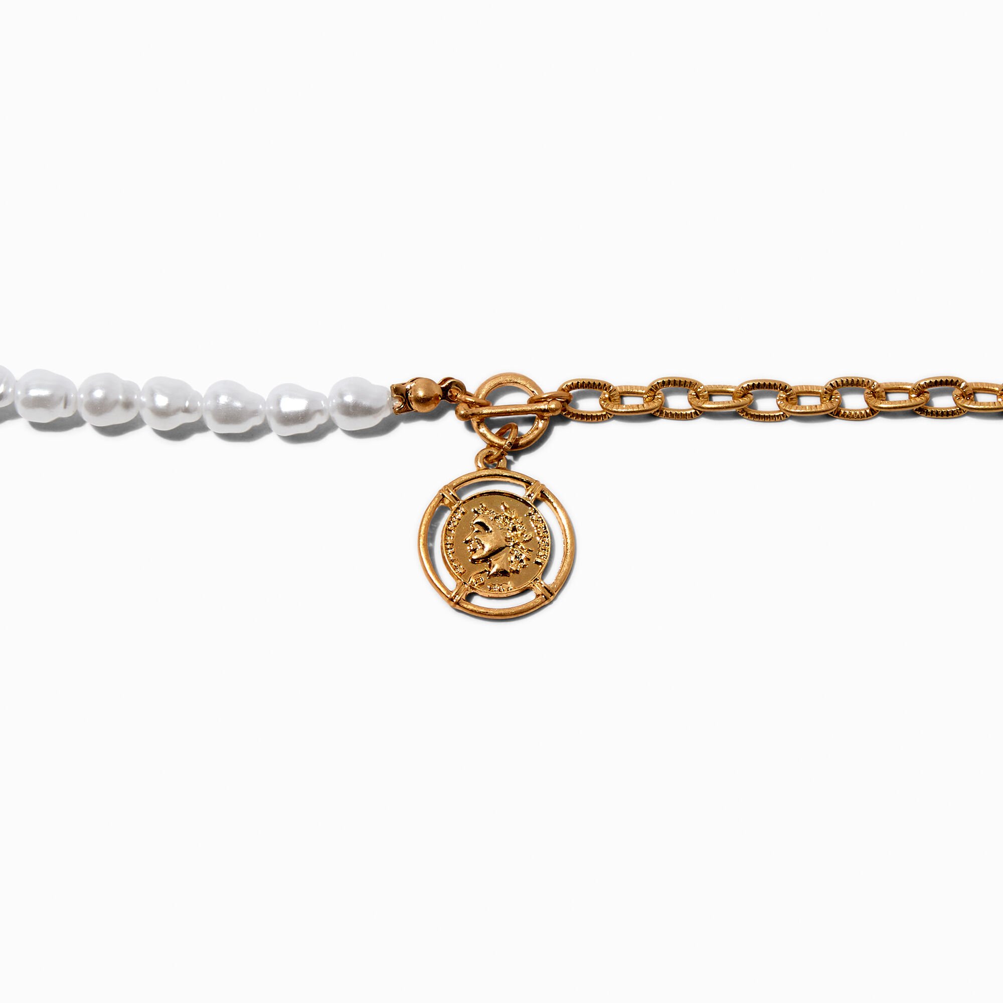 Antiqued Coin Mixed Pearl Chain Bracelet,