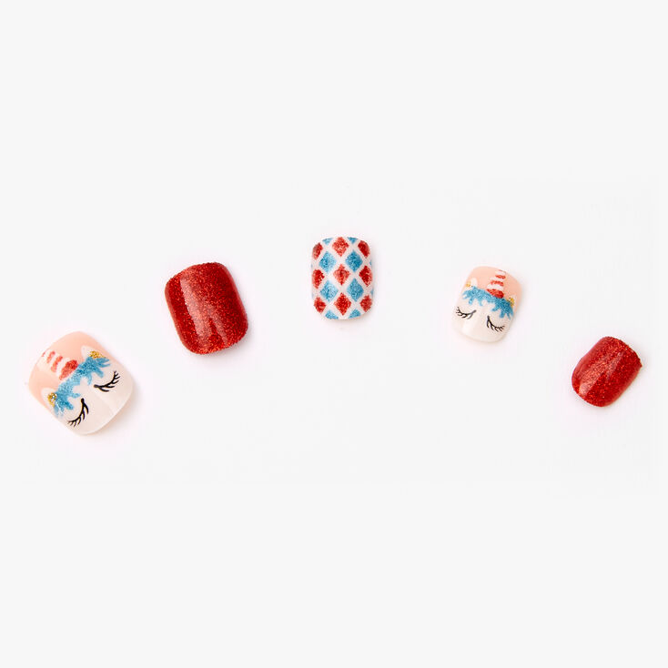 Faux ongles autocollants carr&eacute;s licorne de No&euml;l - Lot de 24,