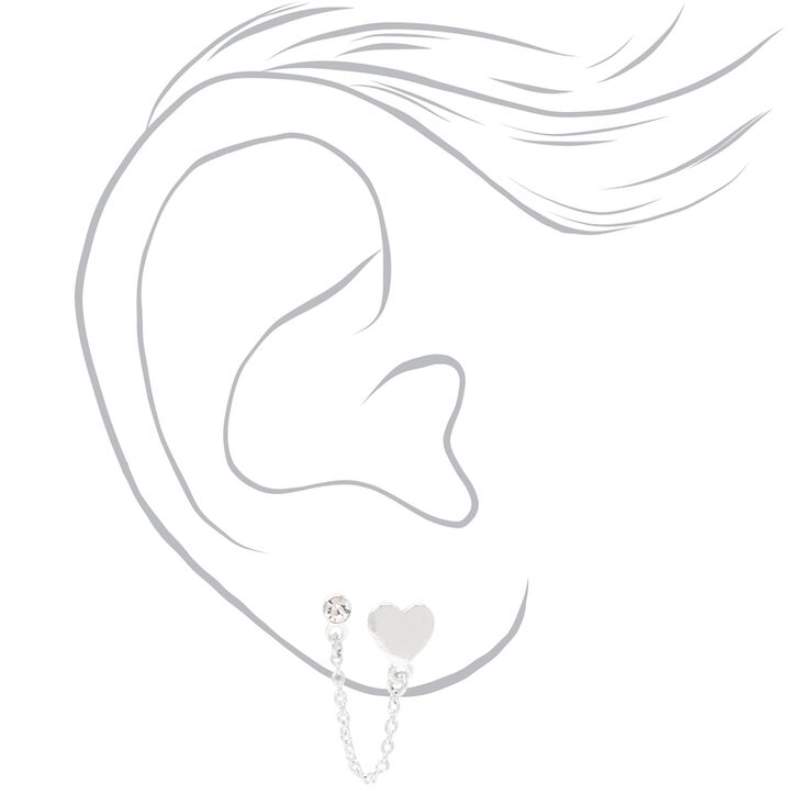 Silver Heart Crystal Connector Chain Stud Earrings,