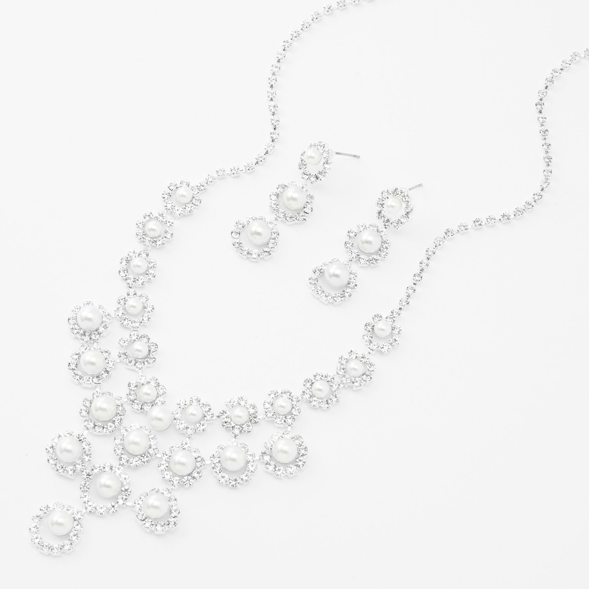 Pearl & Rhinestone Necklace & Drop Earring Set,