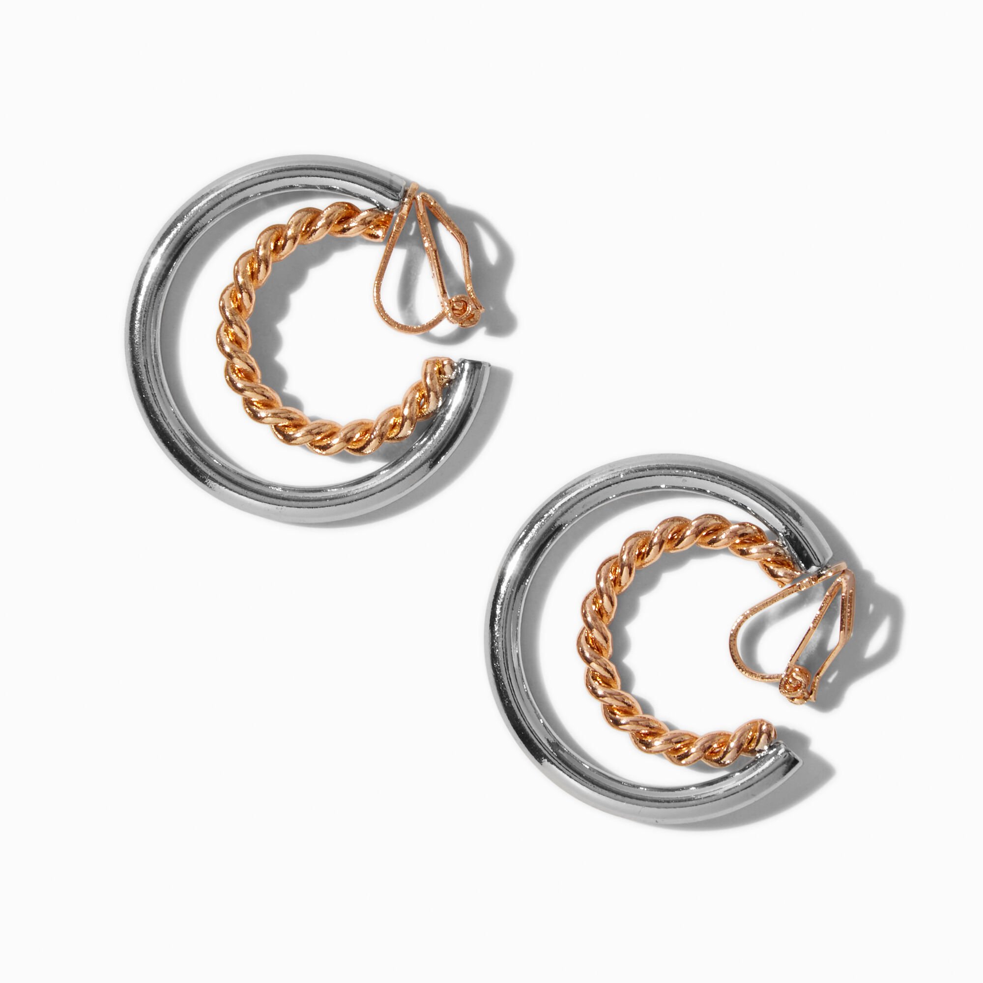 Mixed Metal 15mm Double Clip-On Hoop Earrings,