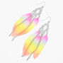 Silver 4&quot; Rainbow Feather Filigree Drop Earrings,