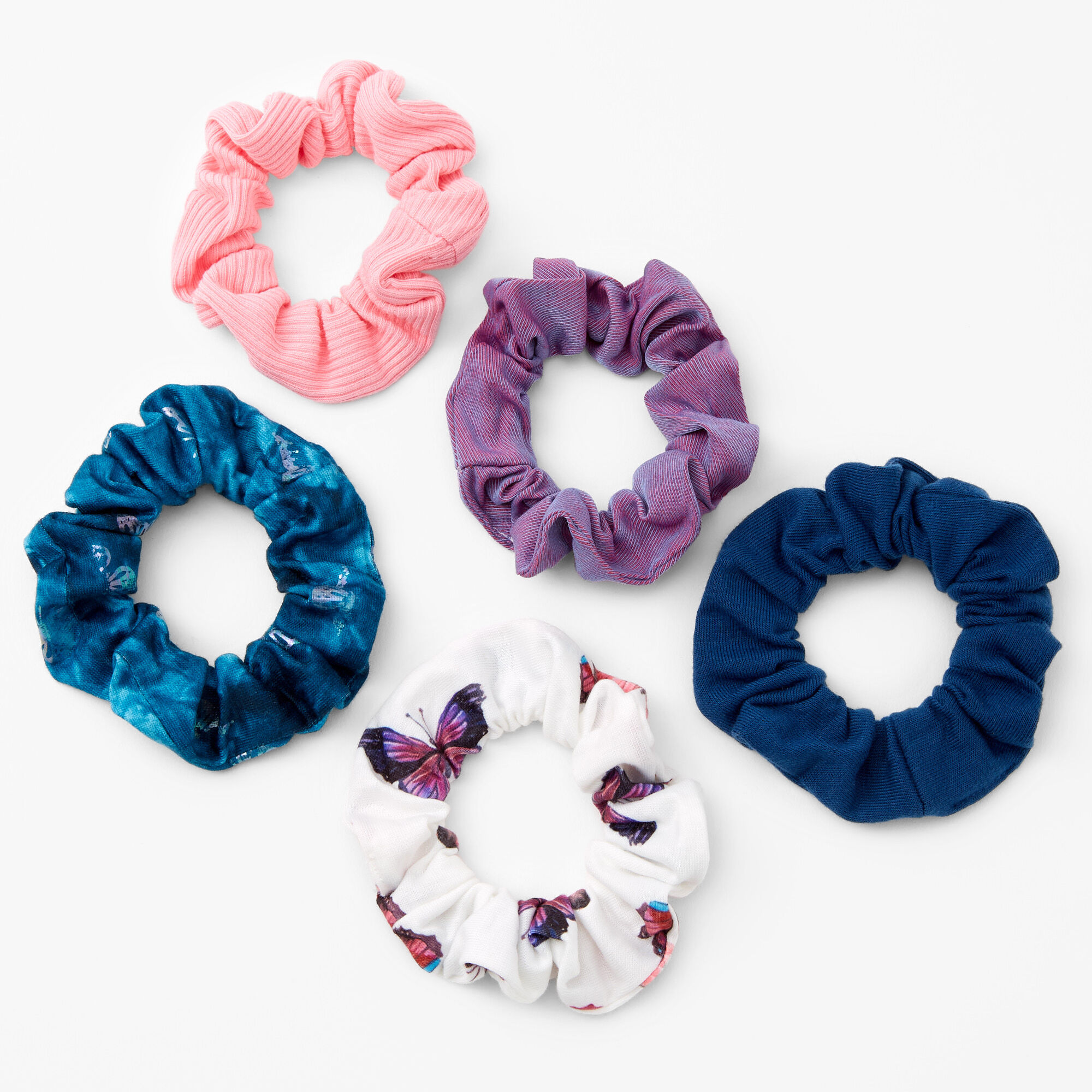 View Claires Small Butterfly Tie Dye Hair Scrunchies 5 Pack Rainbow information