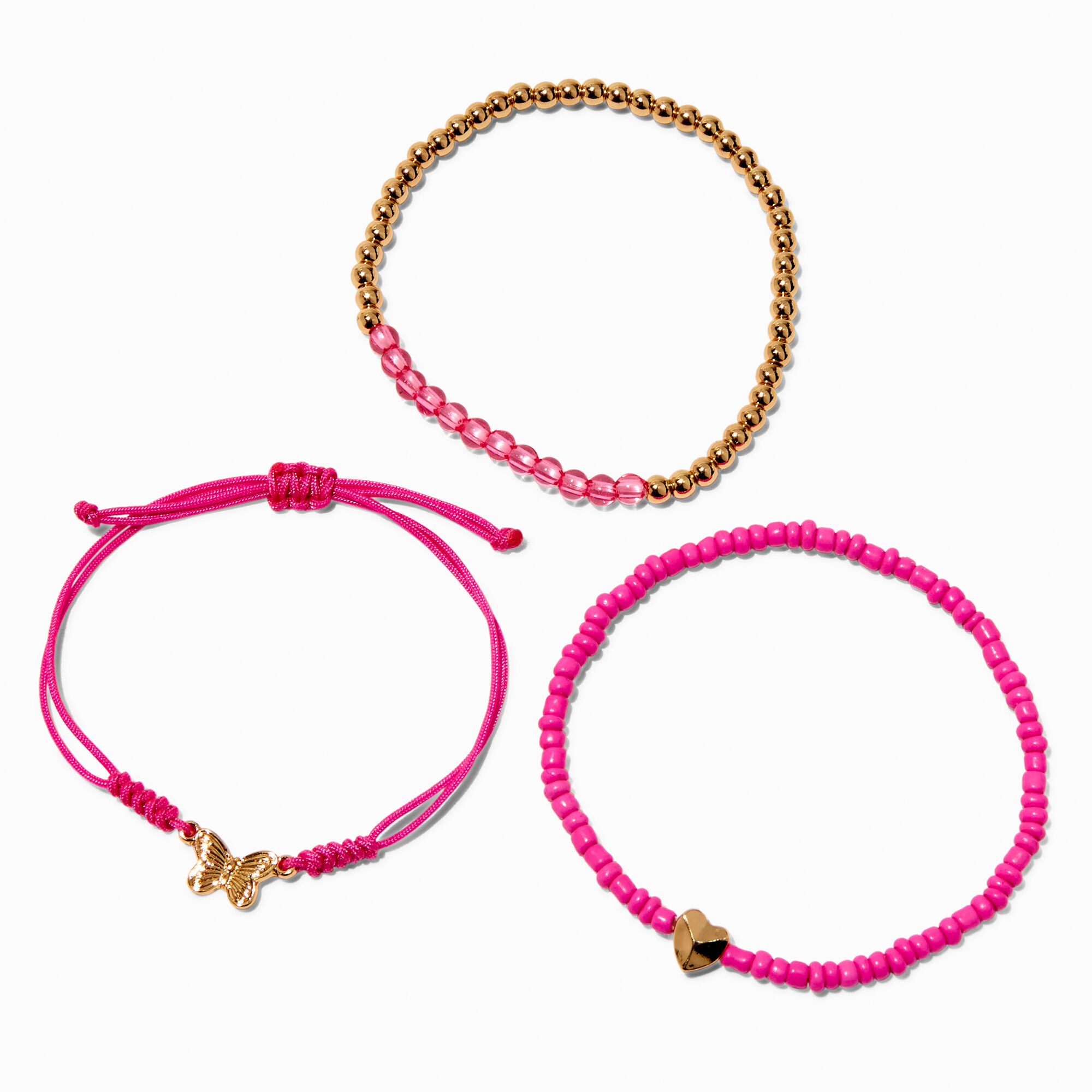 Bracelets en perles de rocaille fuchsia motifs papillons et cœurs - Lot de 3,