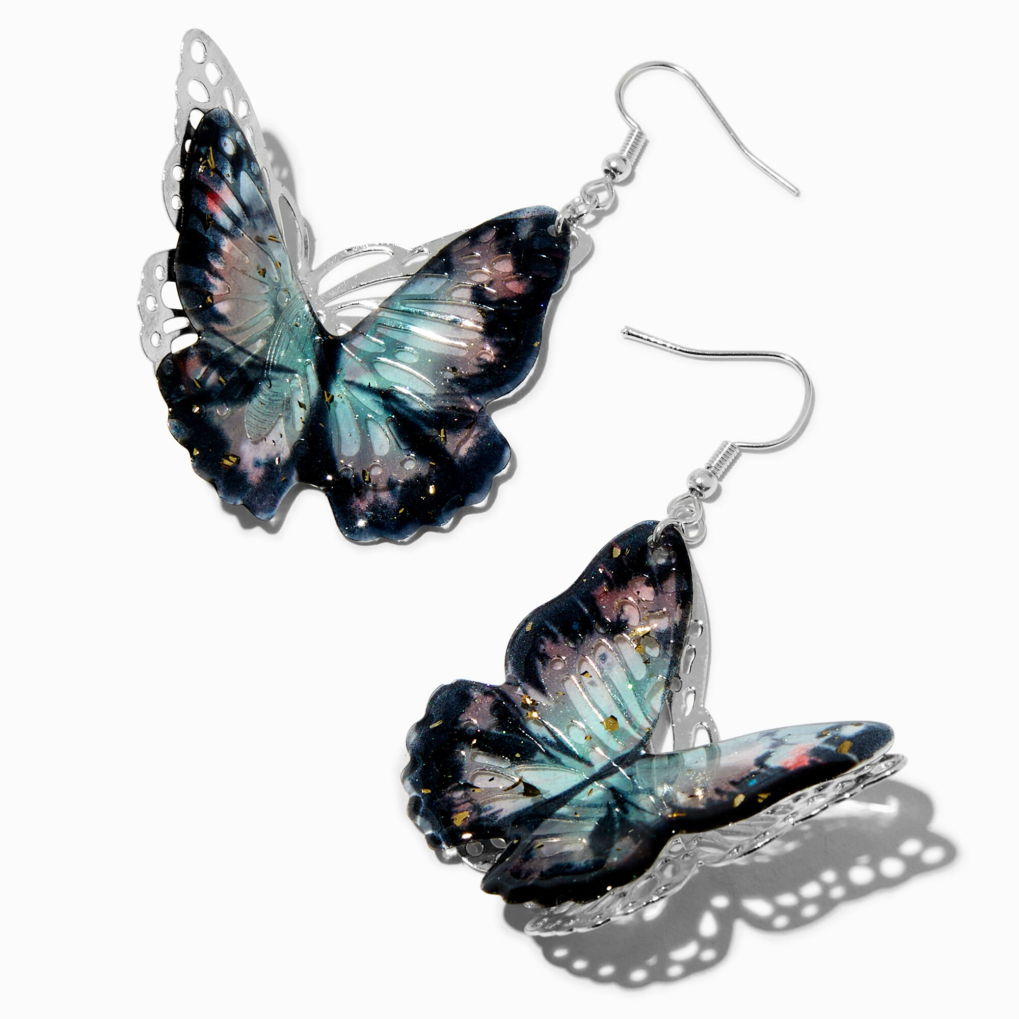 View Claires Filigree Butterfly 3D 2 Drop Earrings Black information