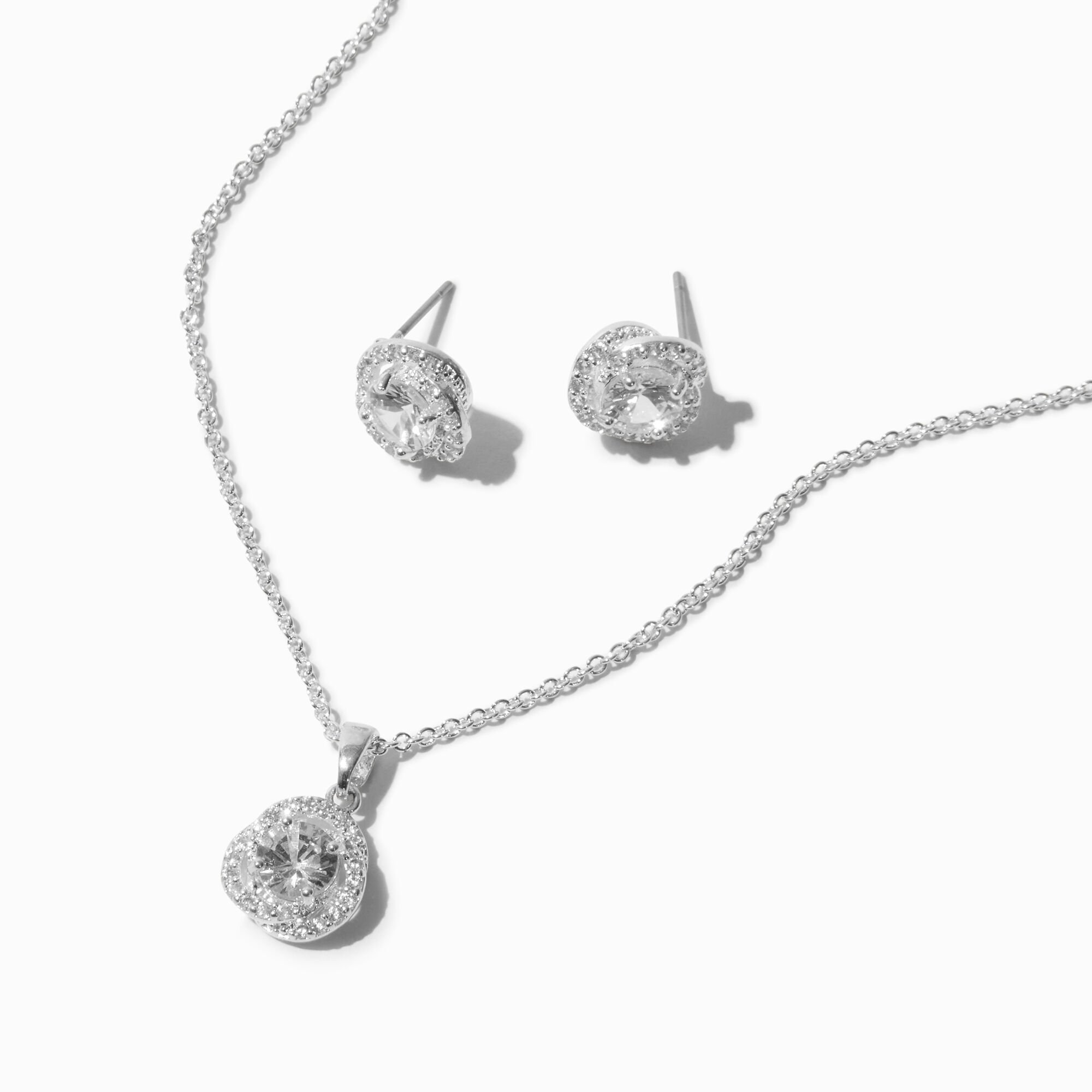View Claires Cubic Zirconia Halo Knot Pendant Necklace Stud Earrings Set 2 Pack Silver information