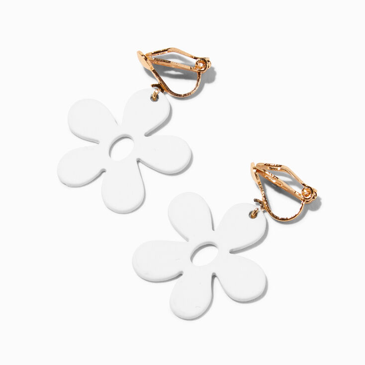 White Daisy 1&#39;&#39; Gold Clip-On Drop Earrings,