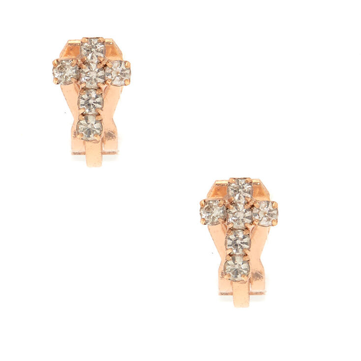 Rose Gold Crystal Cross Clip On Stud Earrings,