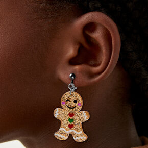 Gingerbread Cookie Glittery Clip-On Drop Earrings,
