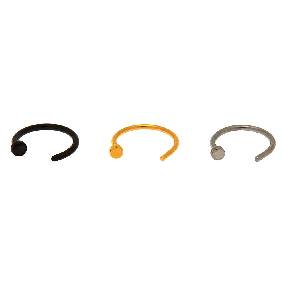 20G Mixed Metal Stainless Steel Open Nose Rings - 3 Pack,