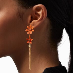 Gold-tone Fringe Orange Coated Double Flower 4&quot; Drop Earrings,
