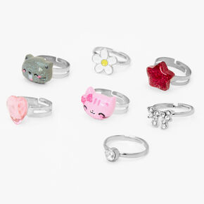 Claire&#39;s Club Silver Cat Box Rings - 7 Pack,
