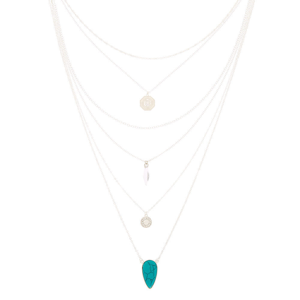 Silver Stone Boho Coin Multi Strand Choker Necklace - Turquoise,
