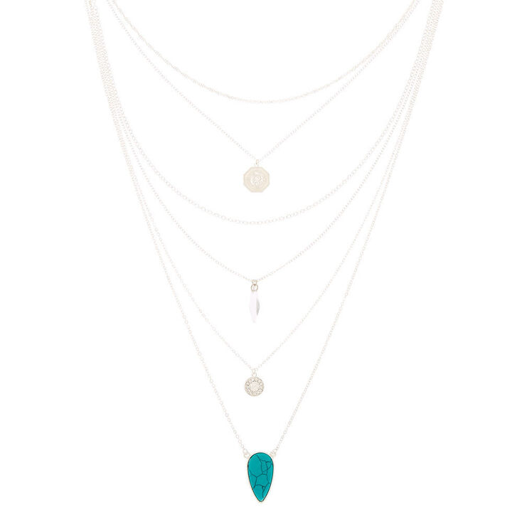 Silver Stone Boho Coin Multi Strand Choker Necklace - Turquoise,