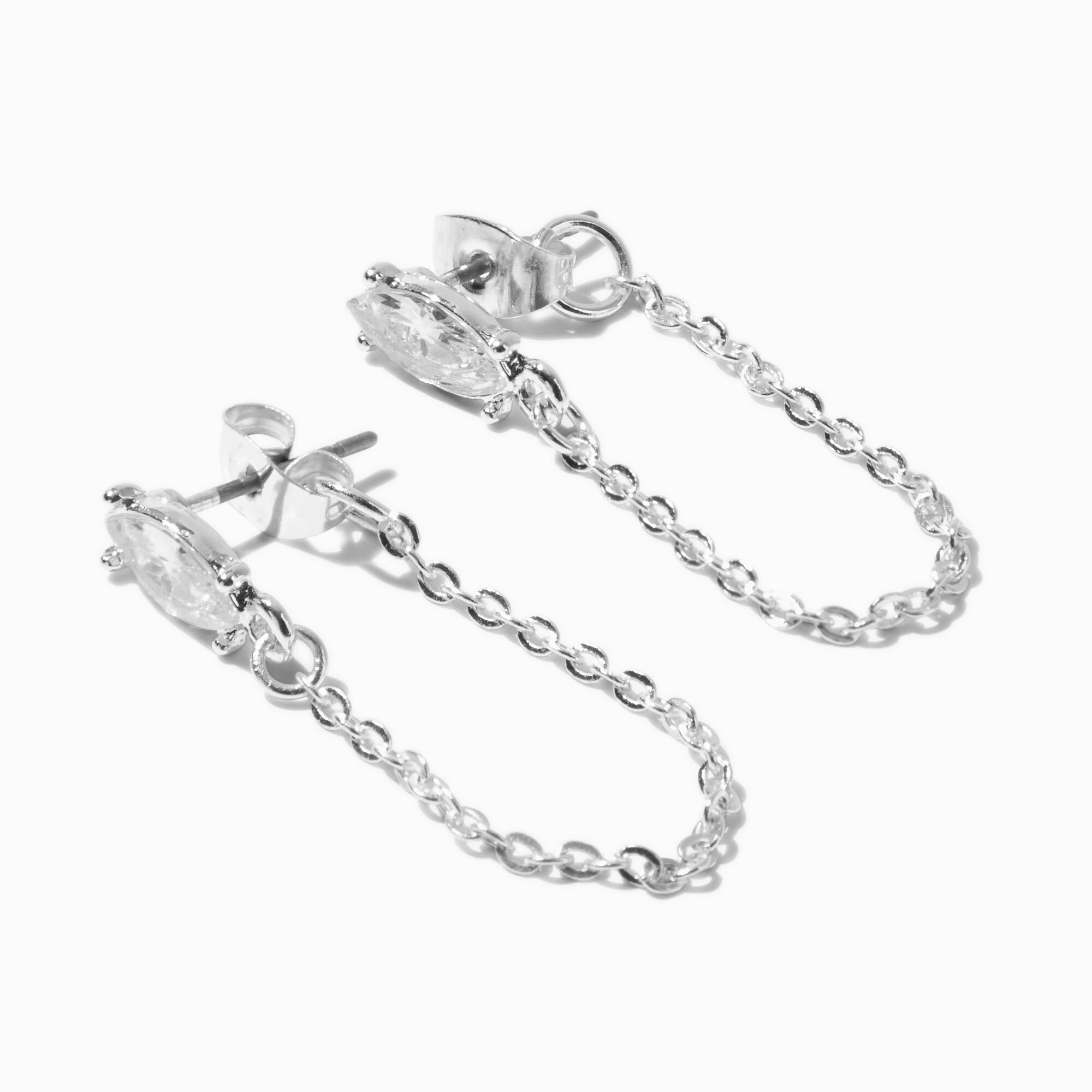 View Claires Teardrop Cubic Zirconia Tone Chain Stud Earrings Silver information