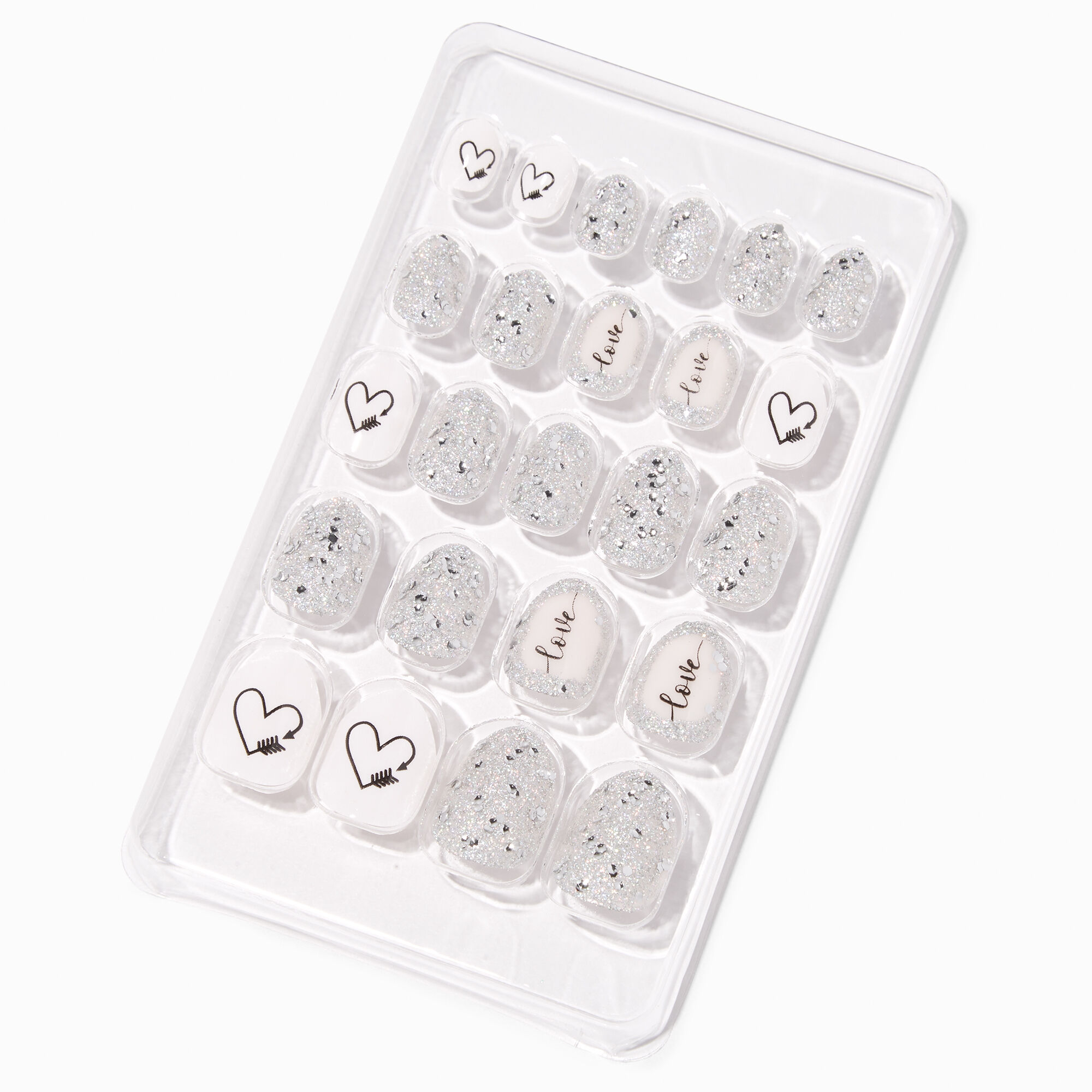 View Claires Glitter Love Stiletto Press On Vegan Faux Nail Set 24 Pack Silver information