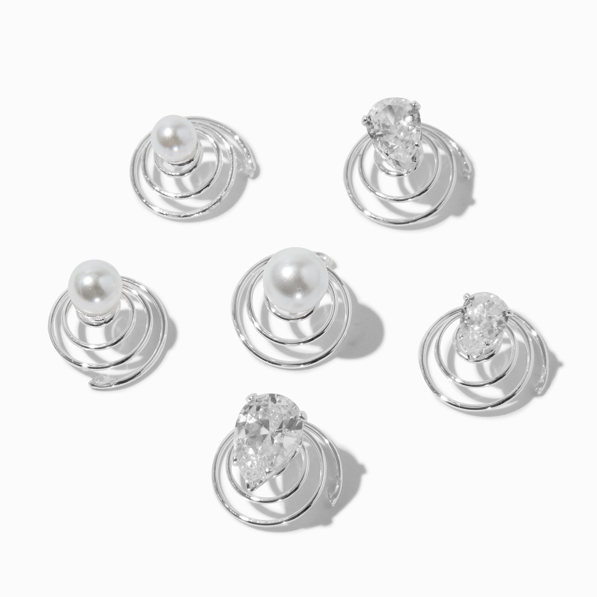 View Claires SilverTone Cubic Zirconia Pearl Hair Spinners 6 Pack White information