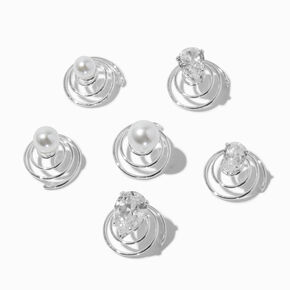 Silver-tone Cubic Zirconia &amp; Pearl Hair Spinners - 6 Pack,