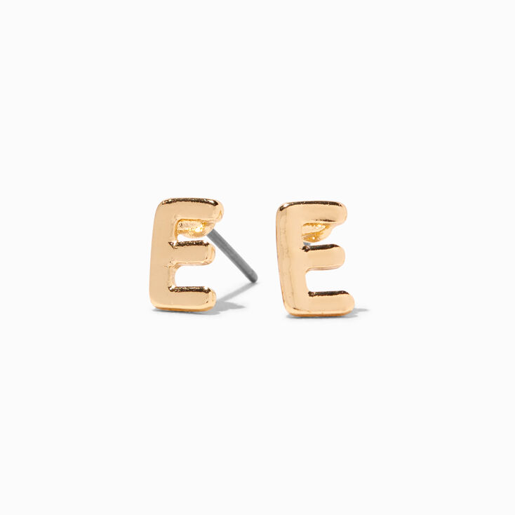 Gold Rounded Initial Stud Earrings - E,