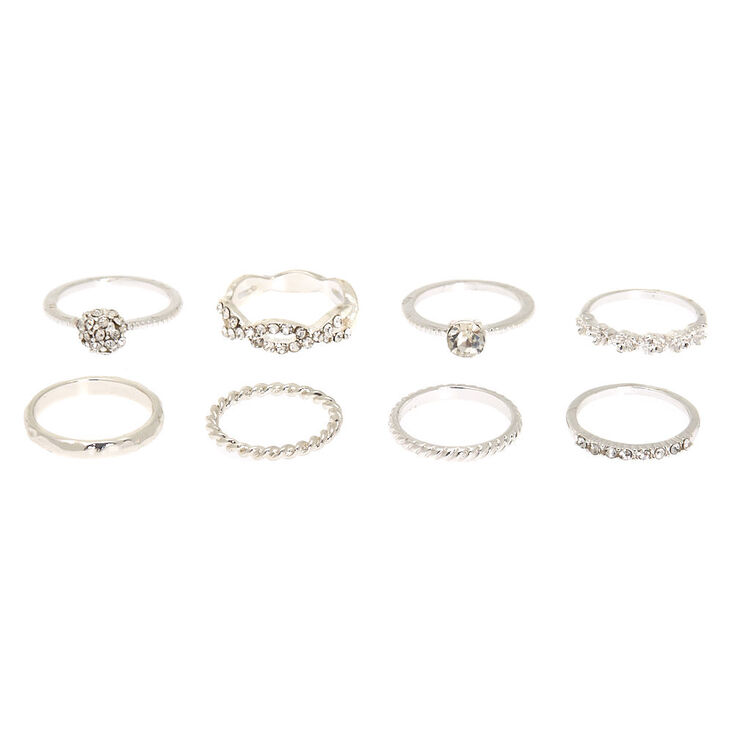 Silver Studded Assorted Ring Set - 8 Pack,