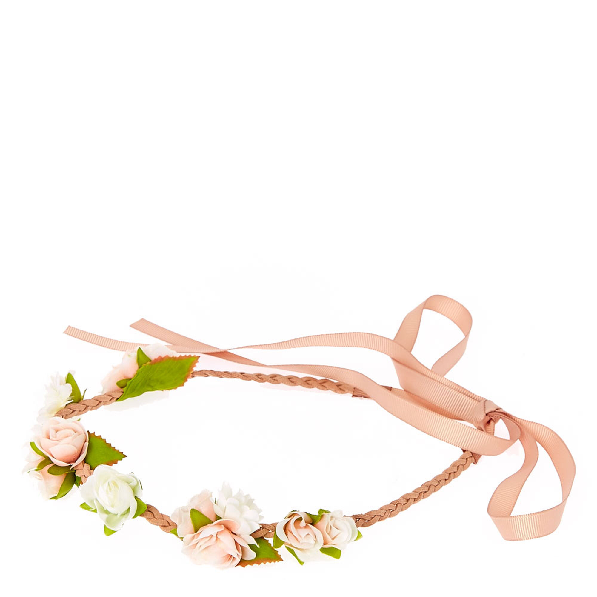 View Claires Blush Flower Cluster Braided Nude Faux Suede Headwrap White information