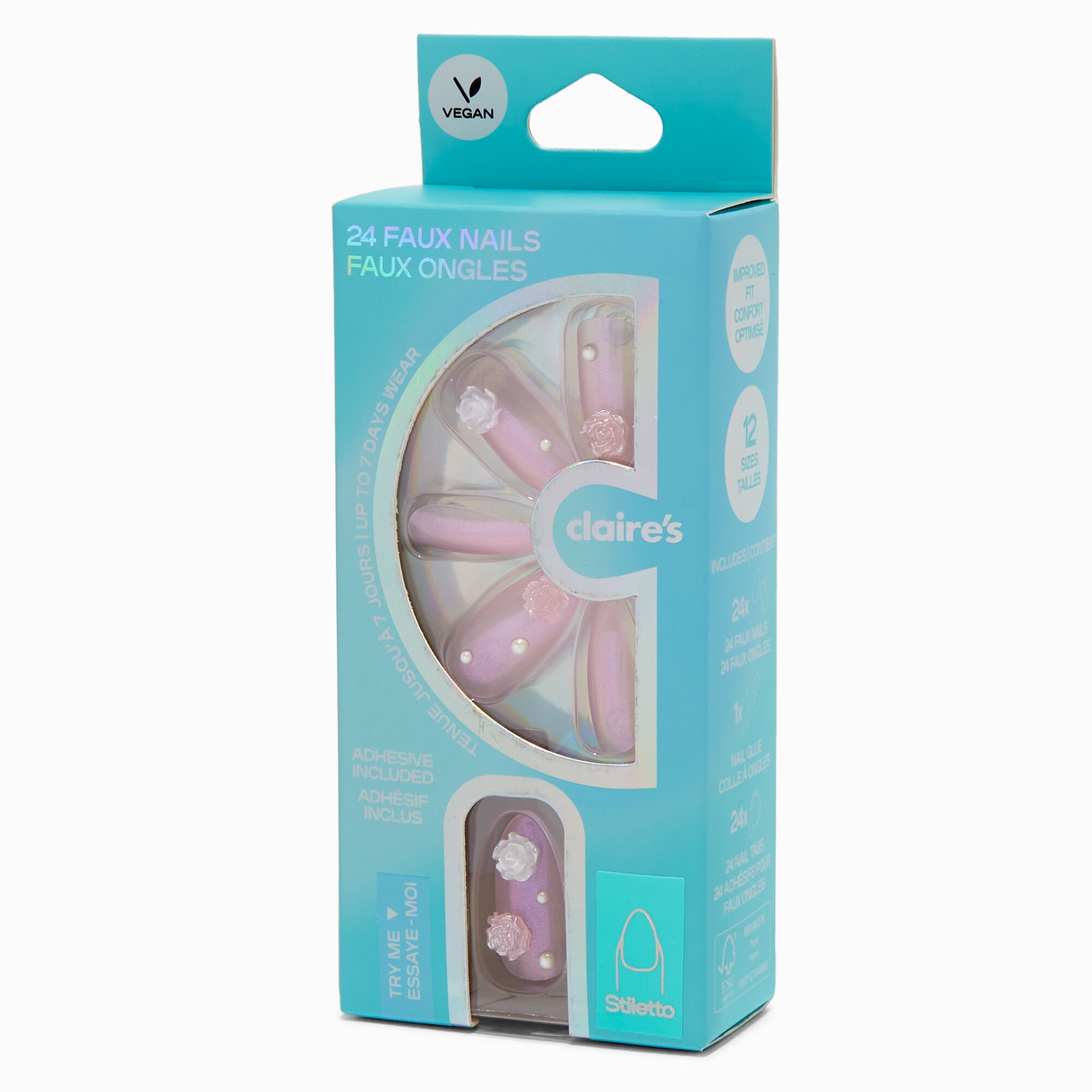 3D Rose & Pearl Stiletto Vegan Faux Nail Set - 24 Pack,