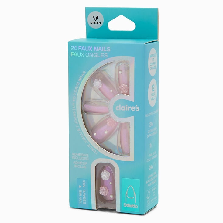 3D Rose &amp; Pearl Stiletto Vegan Faux Nail Set - 24 Pack,
