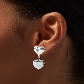 Silver-tone Puffy Double Heart Drop Earrings,