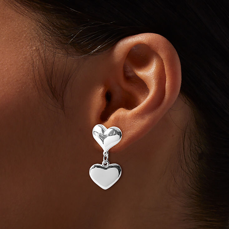 Silver-tone Puffy Double Heart Drop Earrings,