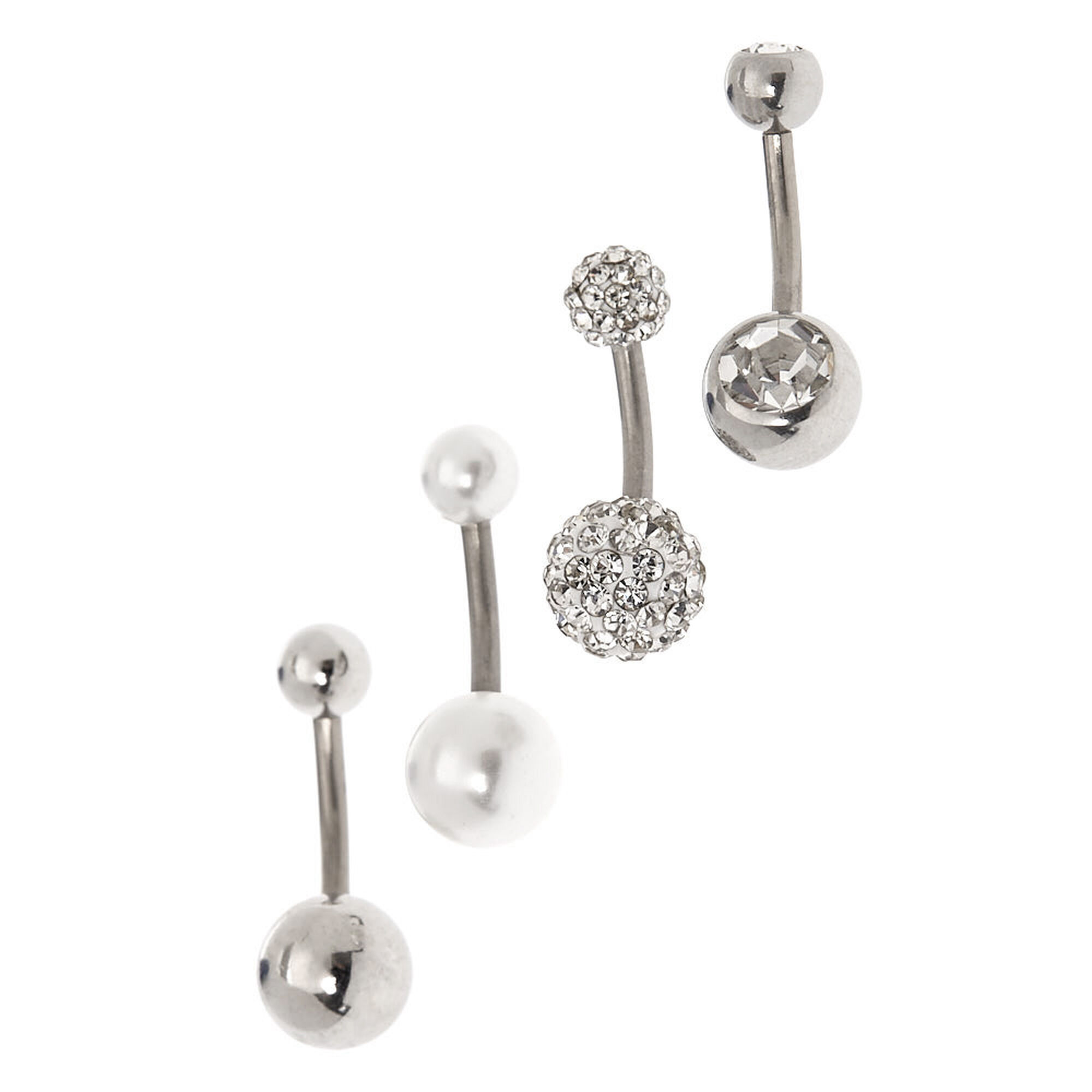 View Claires Tone Titanium 14G Mixed Crystal Pearl Belly Rings 4 Pack Silver information