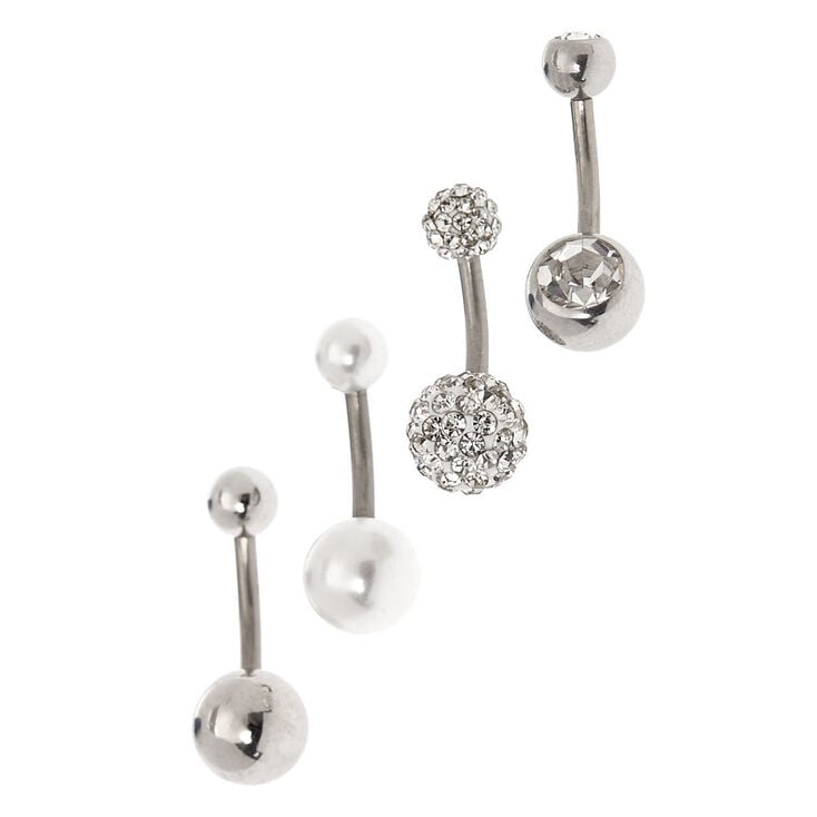Silver-tone Titanium 14G Mixed Crystal Pearl Belly Rings - 4 Pack,