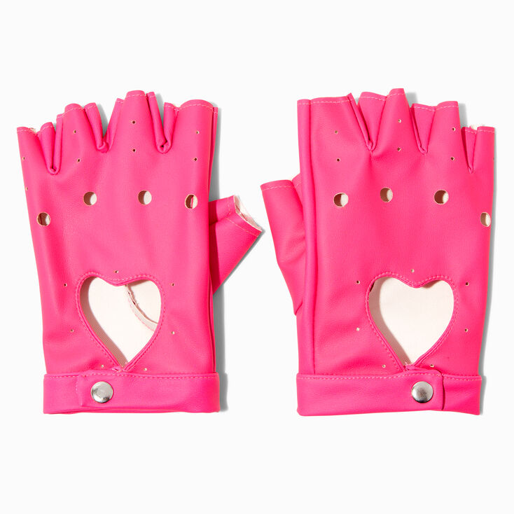 Heart Cutout Faux Leather Fingerless Gloves - Hot Pink,