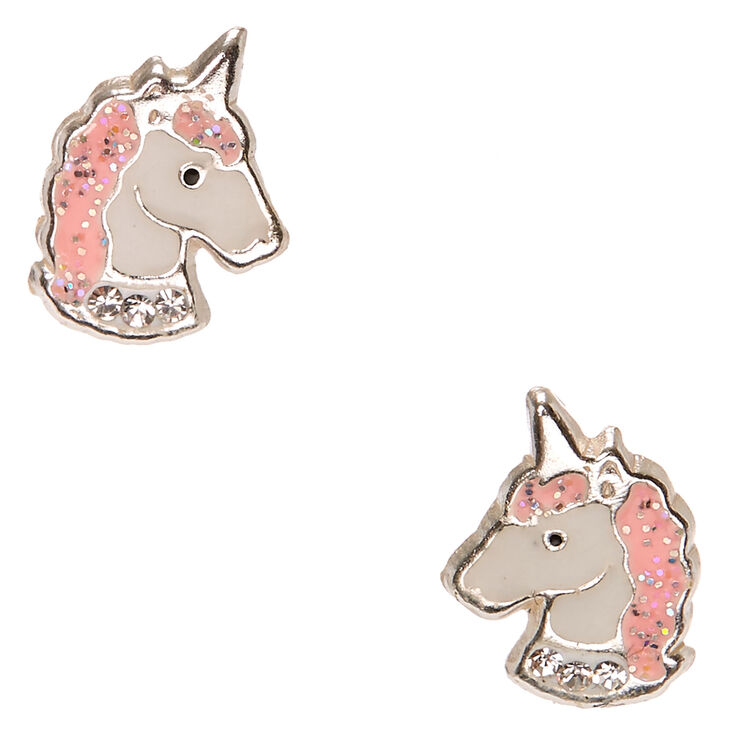 Sterling Silver Pink Crystal Unicorn Stud Earrings,