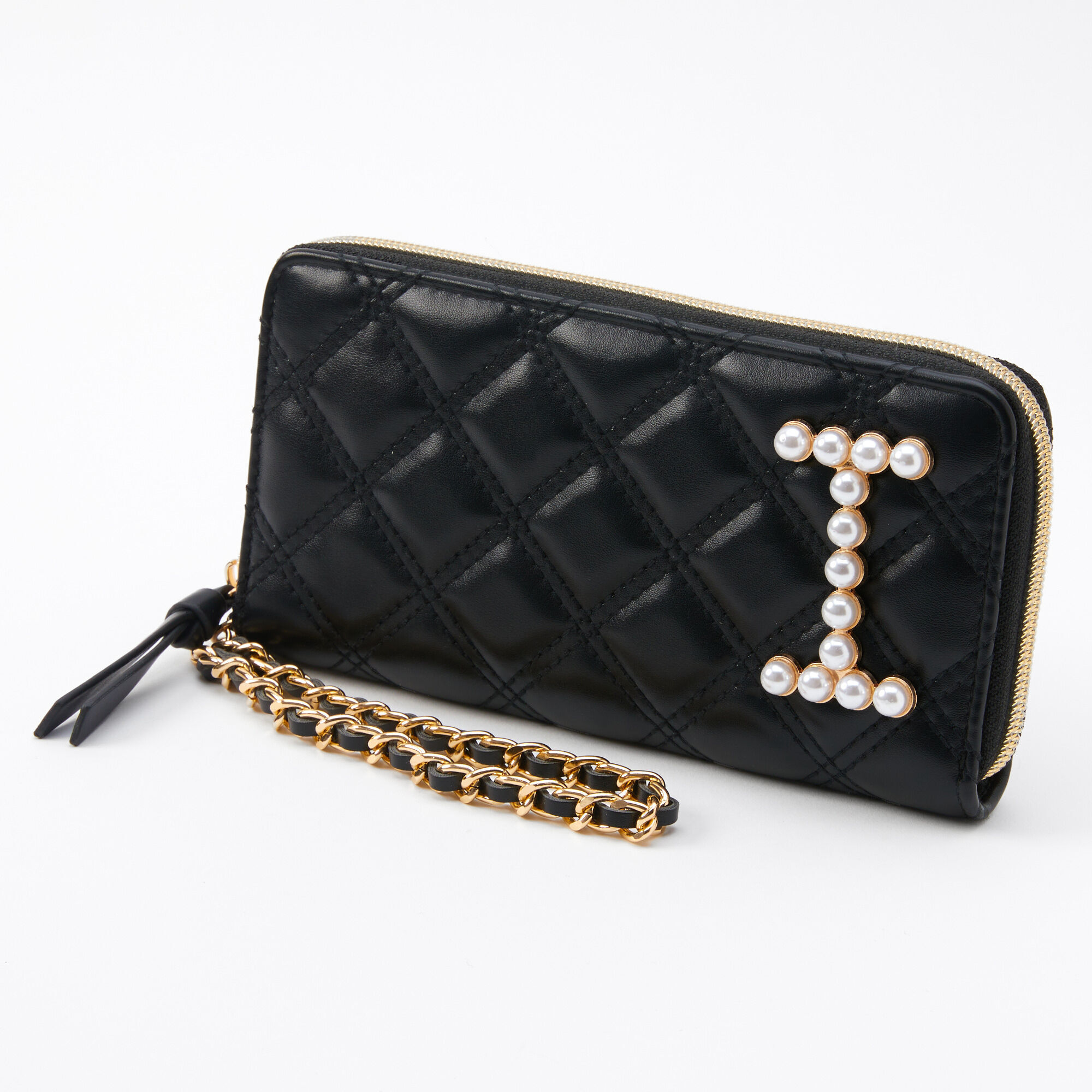 Claire's Pochette poignet à initiale avec perles d’imitation - Noir, I